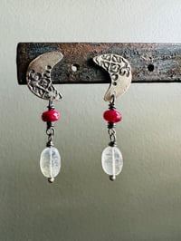 Image 9 of crescent moon rainbow moonstone and ruby dangle earrings