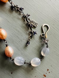 Image 3 of chunky peach pearl and lavender chalcedony sterling silver charm bracelet