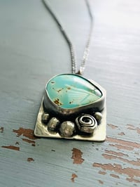 Image 3 of Pilot Mountain turquoise pendant with sterling silver rose and pearl details