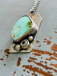 Image 4 of Pilot Mountain turquoise pendant with sterling silver rose and pearl details