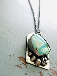 Image 7 of Pilot Mountain turquoise pendant with sterling silver rose and pearl details