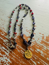 Image 7 of luxe iolite and ruby gemstone necklace with 22k gold pendant