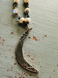 Image 9 of heirloom button pearl necklace with opals and crescent moon pendant