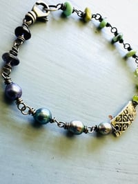 Image 2 of sterling silver New Lander variscite and peacock pearl charm bracelet