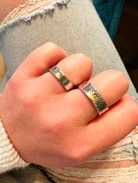 Image 2 of sterling silver rising sun wedding band set . engraved silver and gold wedding rings