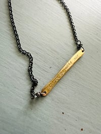 Image 1 of 14k yellow gold bar necklace with handwritten quote