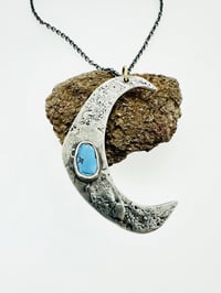 Image 1 of turquoise moon necklace with handwritten Shakespeare quote