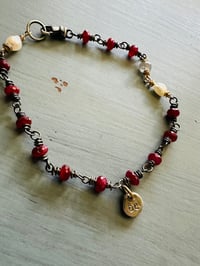 Image 2 of boho ruby and pearl charm bracelet . 14k gold and sterling silver