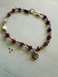 Image 6 of boho ruby and pearl charm bracelet . 14k gold and sterling silver