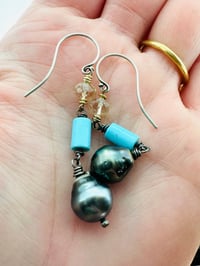 Image 1 of Tahitian pearl dangle earrings with imperial topaz and turquoise