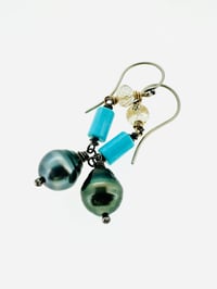 Image 1 of Tahitian pearl dangle earrings with imperial topaz and turquoise