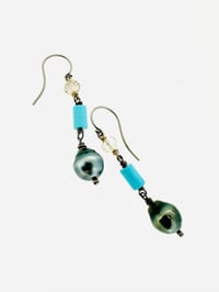 Image 3 of Tahitian pearl dangle earrings with imperial topaz and turquoise