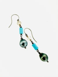 Image 4 of Tahitian pearl dangle earrings with imperial topaz and turquoise