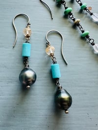 Image 5 of Tahitian pearl dangle earrings with imperial topaz and turquoise