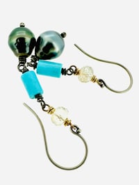 Image 6 of Tahitian pearl dangle earrings with imperial topaz and turquoise