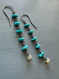 Image 2 of long sterling silver turquoise nugget and opal earrings