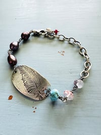 Image 2 of your heart and my heart medallion bracelet with peacock pearls and turquoise