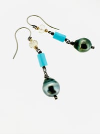 Image 9 of Tahitian pearl dangle earrings with imperial topaz and turquoise