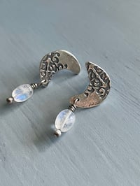 Image 3 of rainbow moonstone crescent moon earrings