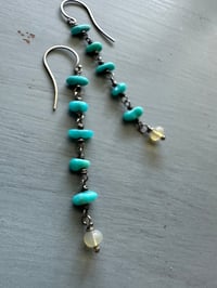 Image 4 of long sterling silver turquoise nugget and opal earrings