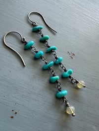 Image 7 of long sterling silver turquoise nugget and opal earrings