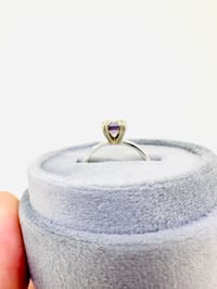 Image 5 of size 7.5 purple spinel engagement ring with engraved vine band