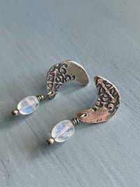 Image 1 of rainbow moonstone crescent moon earrings