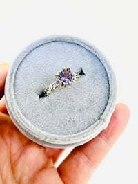 Image 6 of size 7.5 purple spinel engagement ring with engraved vine band