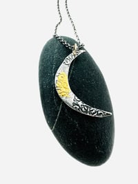 Image 3 of sterling silver and 23k gold crescent moon necklace with peace inscription