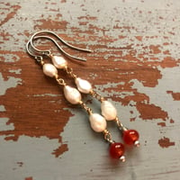 Image 1 of baroque pearl and carnelian earrings in sterling silver and 10k gold