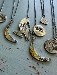 Image 2 of sterling silver and 23k gold crescent moon necklace with peace inscription