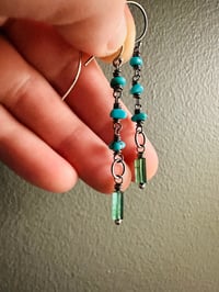 Image 2 of turquoise nugget and tourmaline earrings . sterling silver 