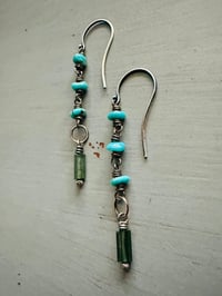 Image 3 of turquoise nugget and tourmaline earrings . sterling silver 