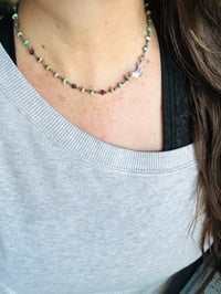 Image 3 of variscite ruby and boulder opal gemstone necklace with crescent moon charm