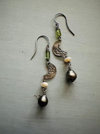 Image 1 of sterling silver crescent moon and tahitian pearl dangle earrings by peacesofindigo