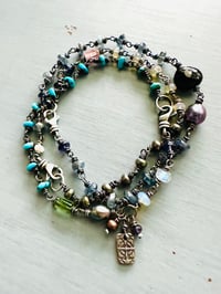 Image 5 of bohemian turquoise and pearl charm bracelet . handmade by peacesofindigo