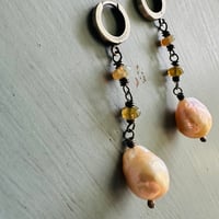 Image 2 of gorgeous baroque pearl and Australian boulder opal dangle earrings by peacesofindigo