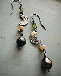 Image 3 of sterling silver crescent moon and tahitian pearl dangle earrings by peacesofindigo