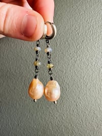 Image 3 of gorgeous baroque pearl and Australian boulder opal dangle earrings by peacesofindigo