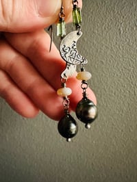 Image 4 of sterling silver crescent moon and tahitian pearl dangle earrings by peacesofindigo