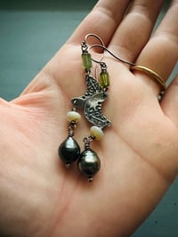 Image 5 of sterling silver crescent moon and tahitian pearl dangle earrings by peacesofindigo