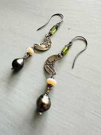 Image 7 of sterling silver crescent moon and tahitian pearl dangle earrings by peacesofindigo