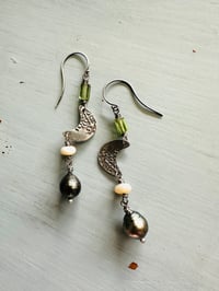 Image 8 of sterling silver crescent moon and tahitian pearl dangle earrings by peacesofindigo