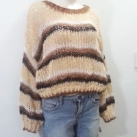 Image 3 of Women handknit oversize  striped color sweater (recycled mohair blend, apricote)