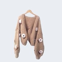 Image 4 of Women chunky handknit oversize cardigan (recycled mohair blend, wild flowers)