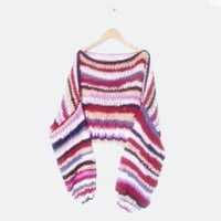 Image 1 of Women hanknit oversize sweater (striped, wine  red, recycled mohair)
