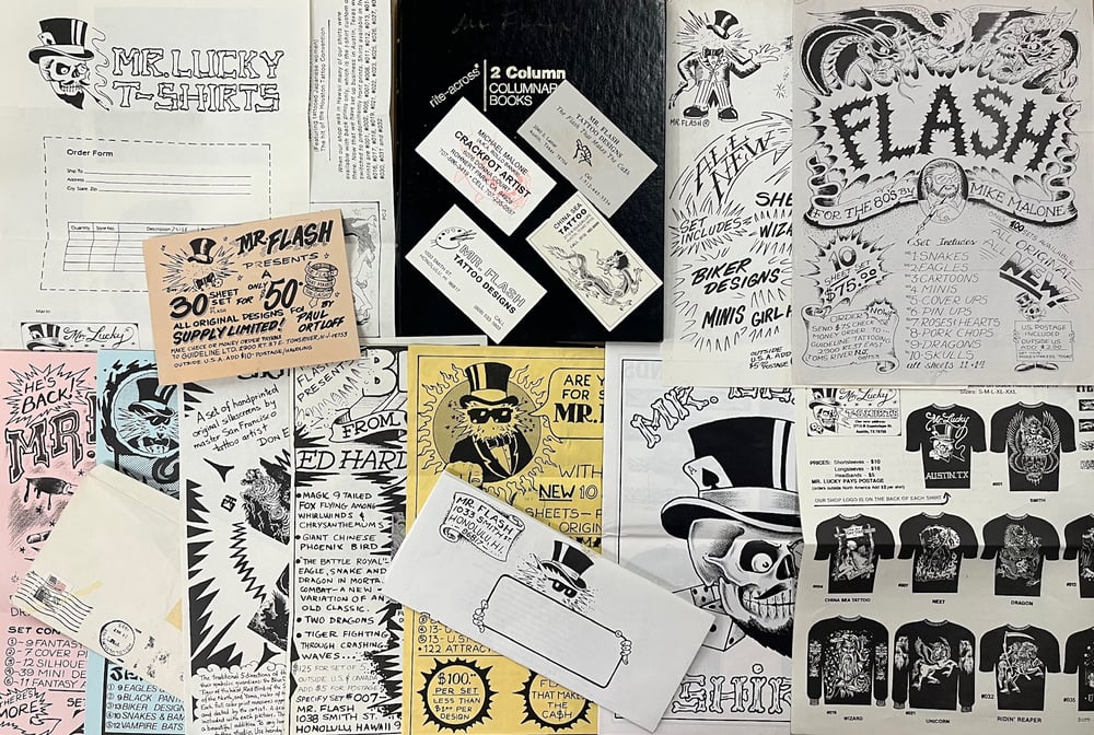 Image of Mike "Mr Flash" Malone 1987 sales ledger, business cards & other various ephemera.