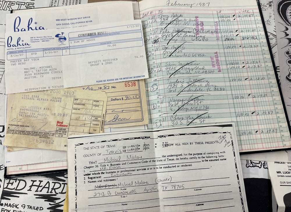Image of Mike "Mr Flash" Malone 1987 sales ledger, business cards & other various ephemera.