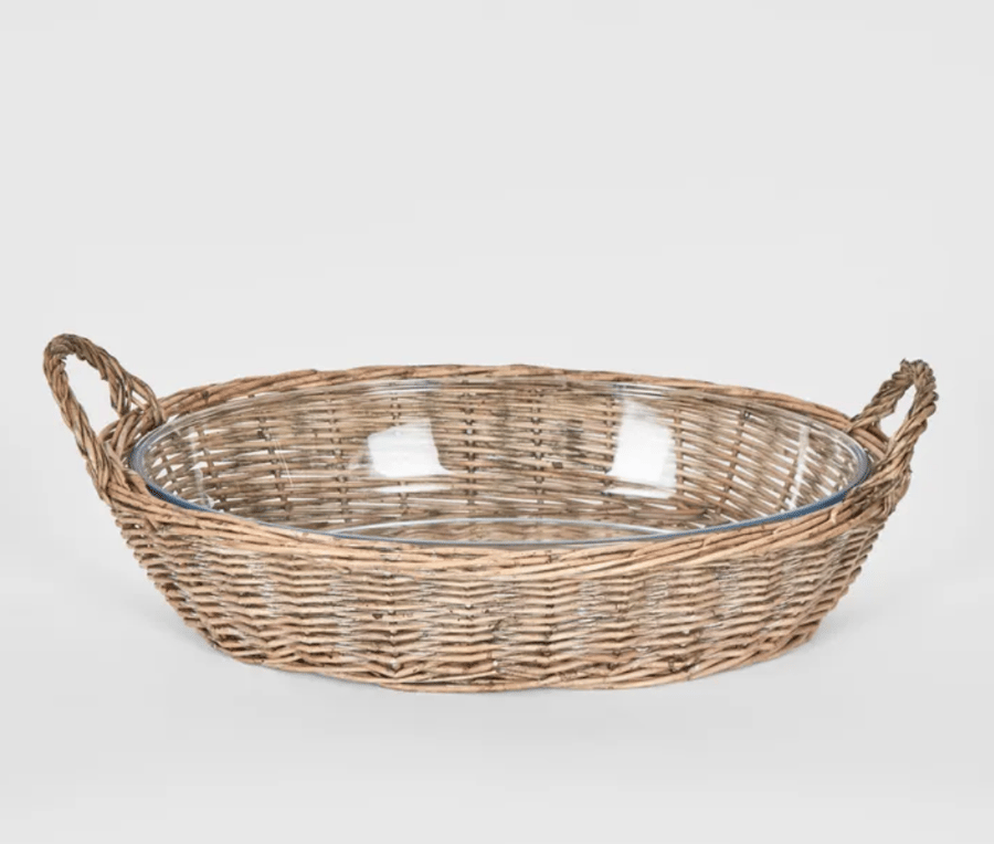 Image of Oval Rattan and Glass Serving Bowl 