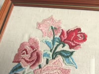 Image 3 of Vintage Embroidery of Pink and Red Roses in Vase, Small Textile Art in Wooden Frame Sized 10 x 8 ins